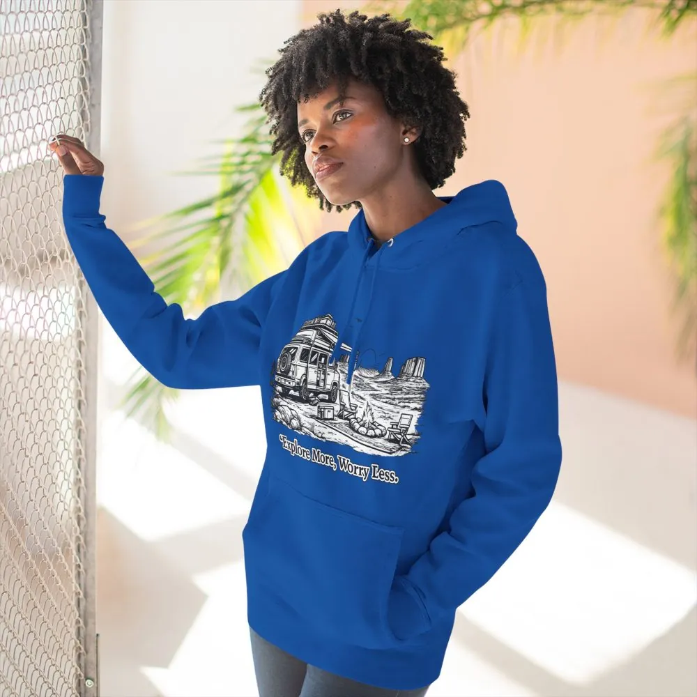 Three-Panel Fleece Hoodie - "Explore More Worry Less" Design Minimal-Line
