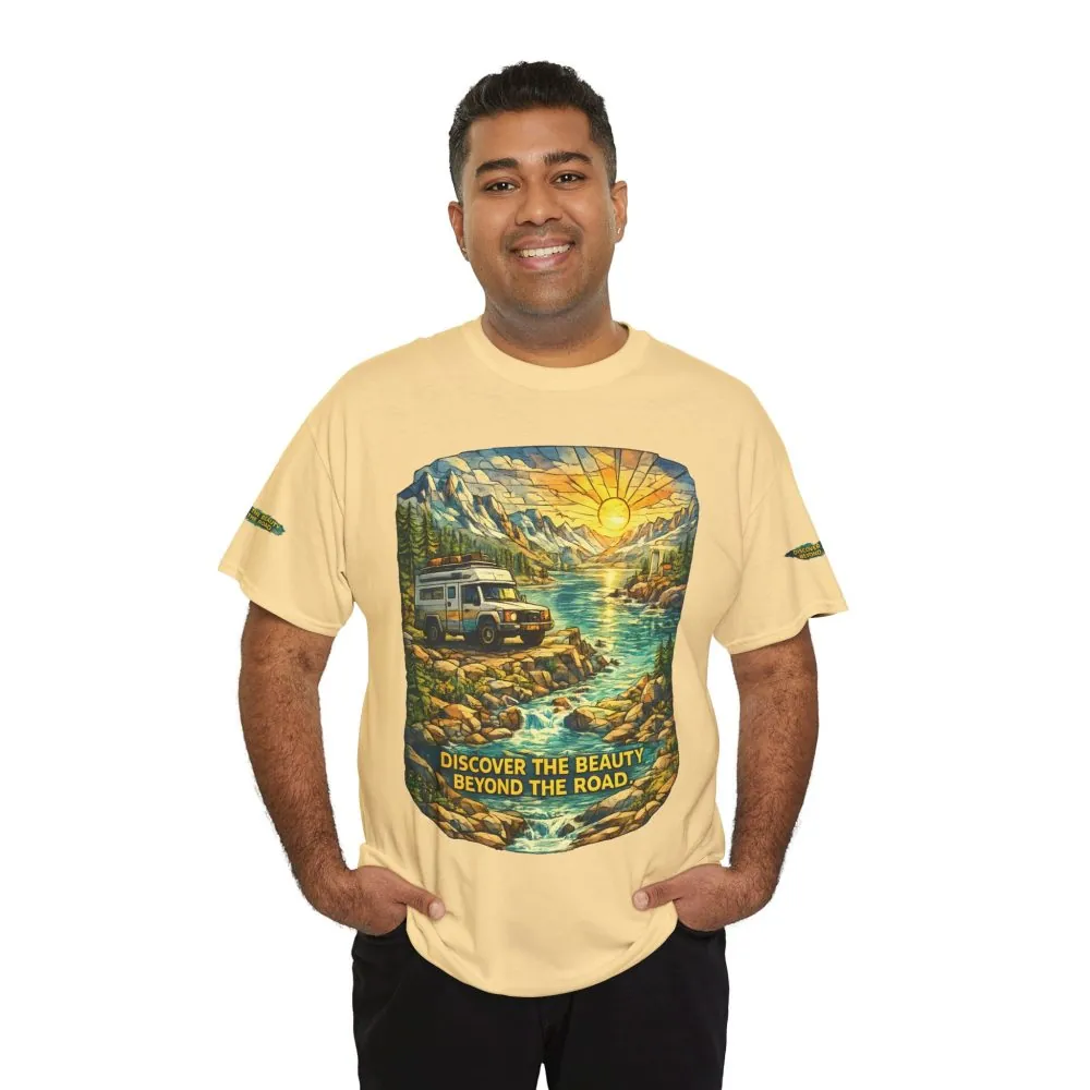 Unisex Heavy Cotton Tee — "Discover The Bieuty Beyond The Road" Design Cubic-Line