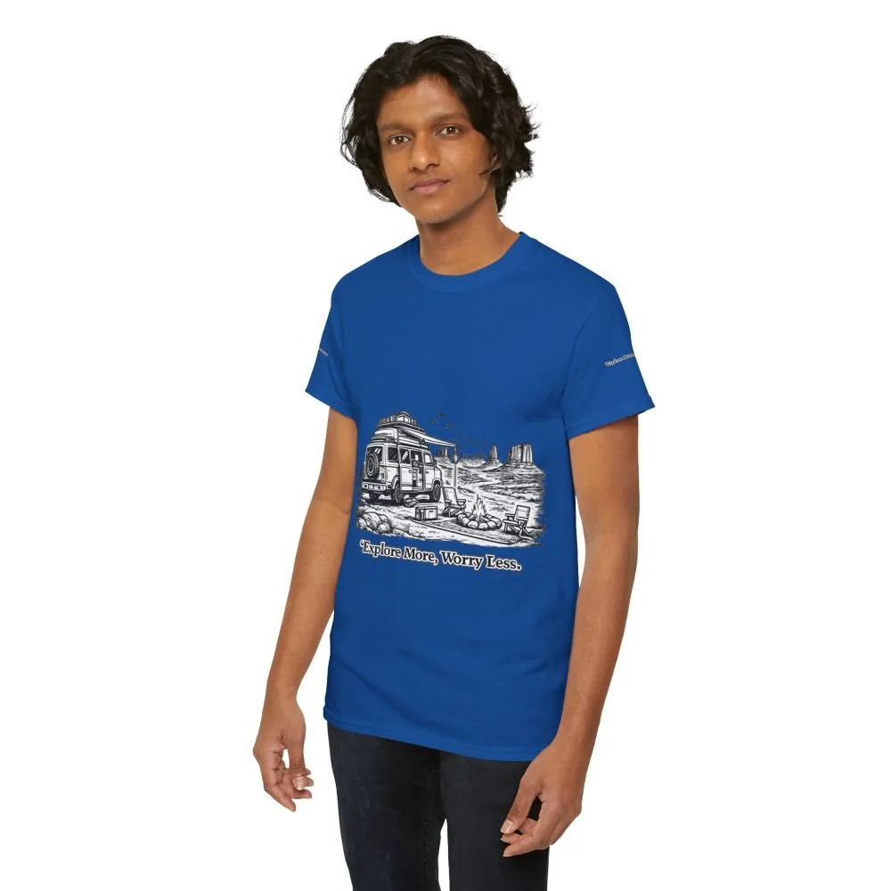 Unisex Heavy Cotton Tee — "Explore More Worry Less" Design Minimal-Line
