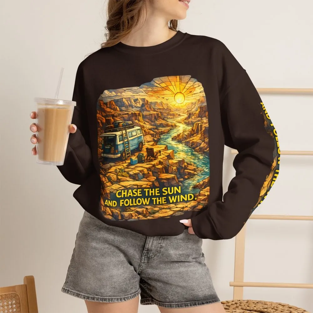 Unisex Heavy Blend™ Crewneck Sweatshirt — "Chase The Sun And Follow The Wind" Design Cubic-Line
