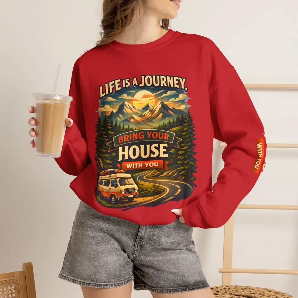 Unisex Heavy Blend™ Crewneck Sweatshirt — "Live Is A Journey-Bring Your House With You" Design Scenic-Line