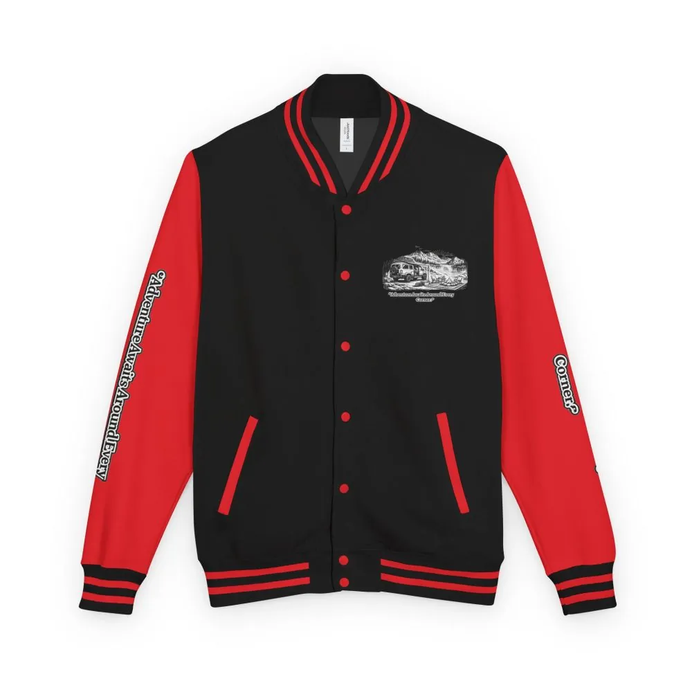 Unisex Heavyweight Letterman Jacket — "Adventure Awaits Around Every Corner" Travel Varsity Coat
