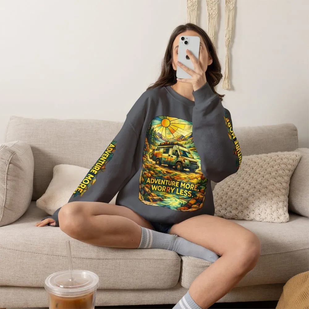 Unisex Heavy Blend™ Crewneck Sweatshirt — "Adventure More Worry Less" Design Cubic-Line