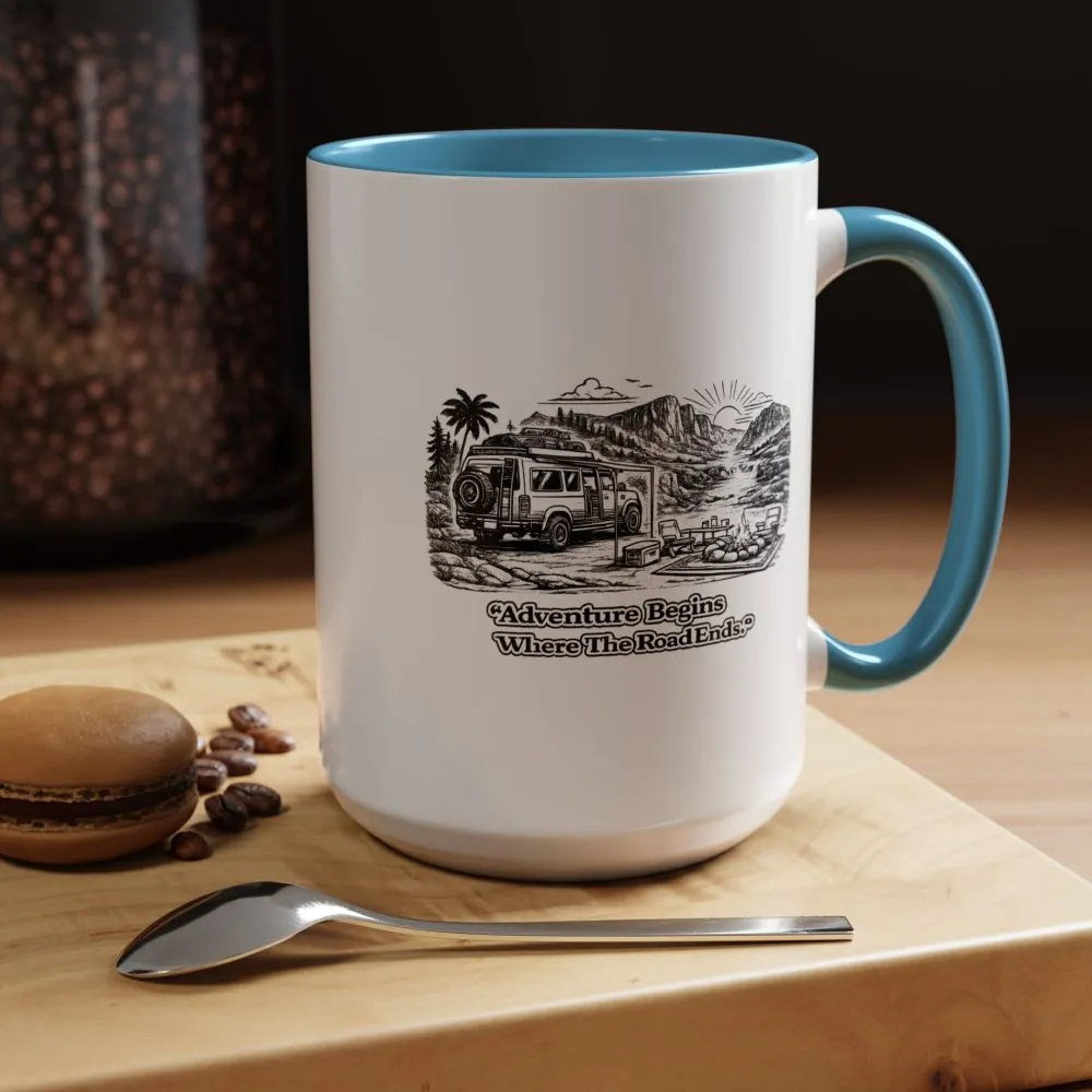 Accent Coffee Mug (11, 15oz) — "Adventure Begins Where The Road Ends" Design Minimal-Line