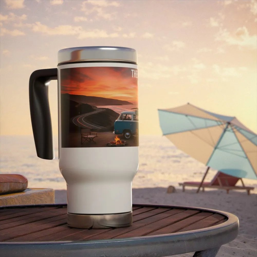 Stainless Steel Travel Mug with Handle, 14oz — "The Road is Life"