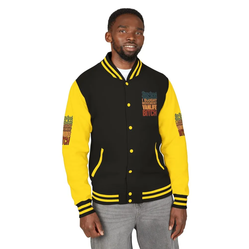 11532139482469149131_2048.jpeg Unisex Heavyweight Letterman Jacket — "Buy Land They Said" Design F**K-Line