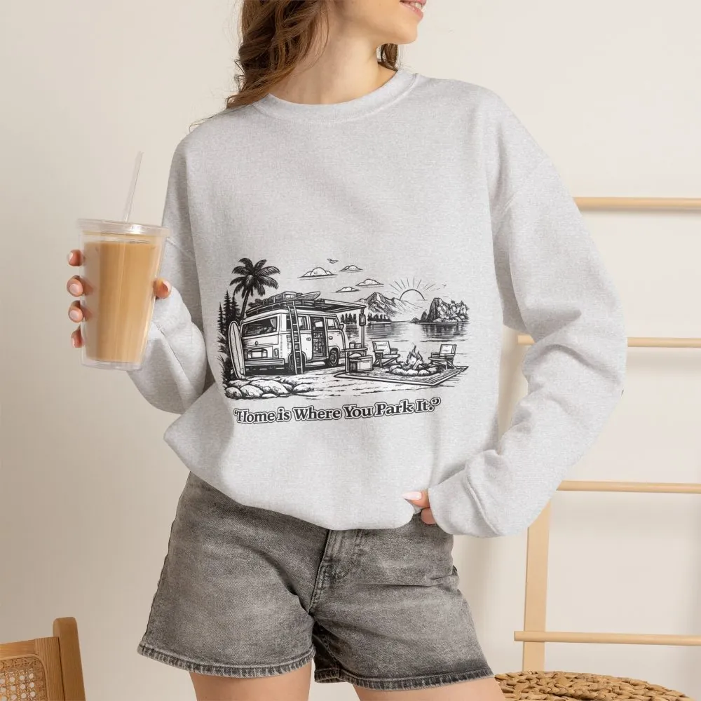 Unisex Heavy Blend™ Crewneck Sweatshirt — "Home Is Where You Park It" Design Minimal-Line