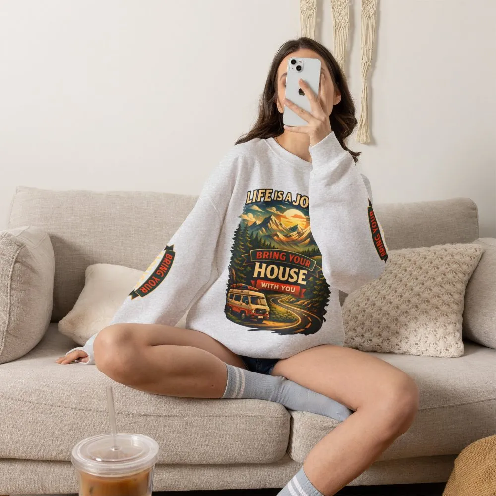 Unisex Heavy Blend™ Crewneck Sweatshirt — "Live Is A Journey-Bring Your House With You" Design Scenic-Line