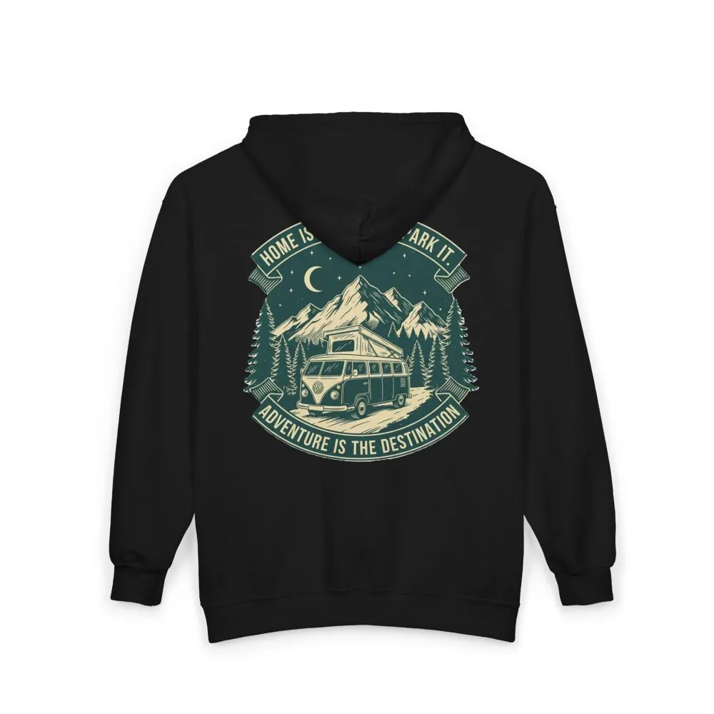 11546085177073103187_2048.jpeg Zip Hoodie — "Home Is Where You Park It-Adventure is the destination"(Front + Back Printed) Camper Van Adventure Zip-Up