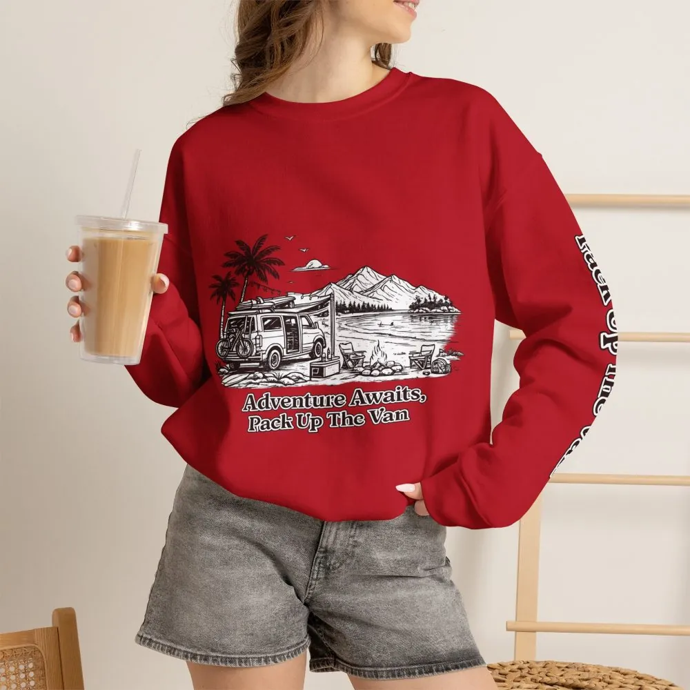 Unisex Heavy Blend™ Crewneck Sweatshirt — "Adventure Awaits,Pack Up The Van" Design Minimal-Line