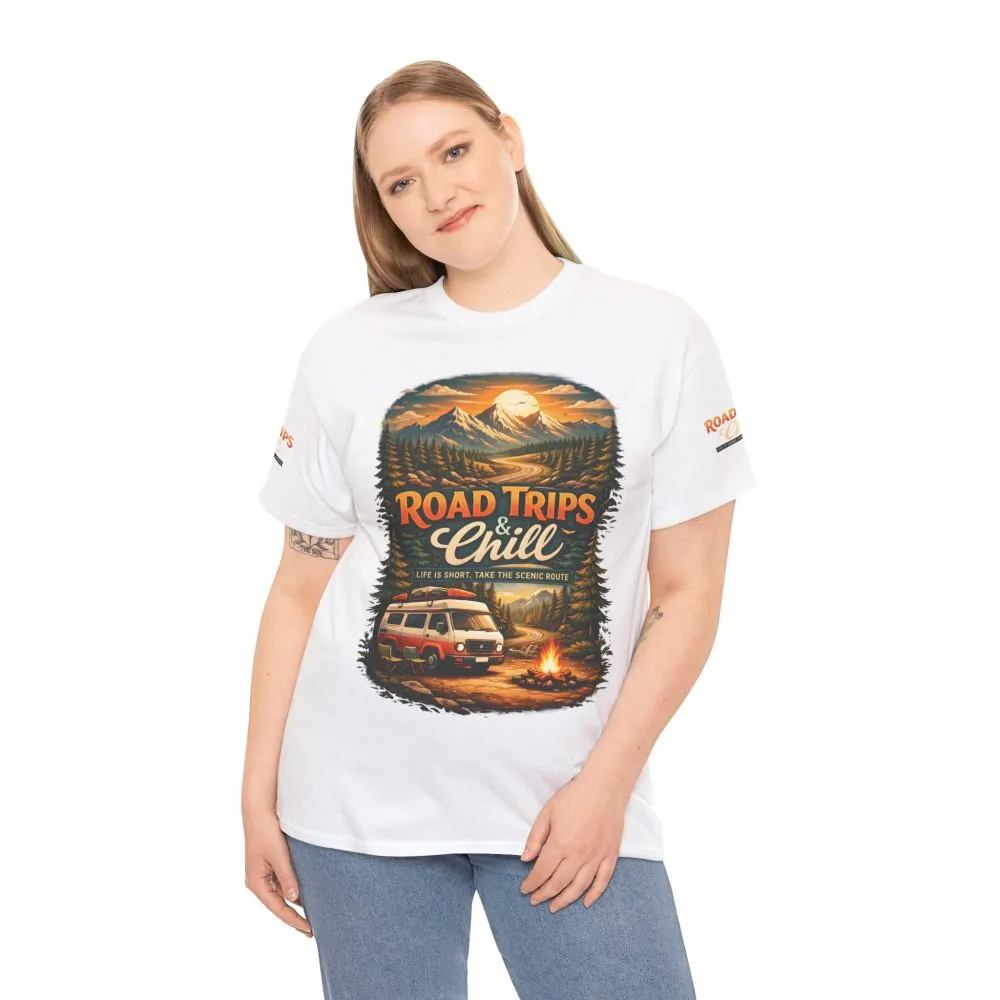 Unisex Heavy Cotton Tee — "Road Trips & Chill" Design Scenic-Line