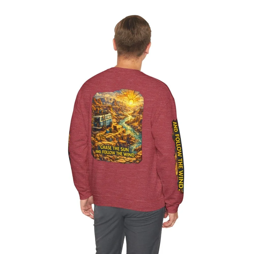 Unisex Heavy Blend™ Crewneck Sweatshirt — "Chase The Sun And Follow The Wind" Design Cubic-Line