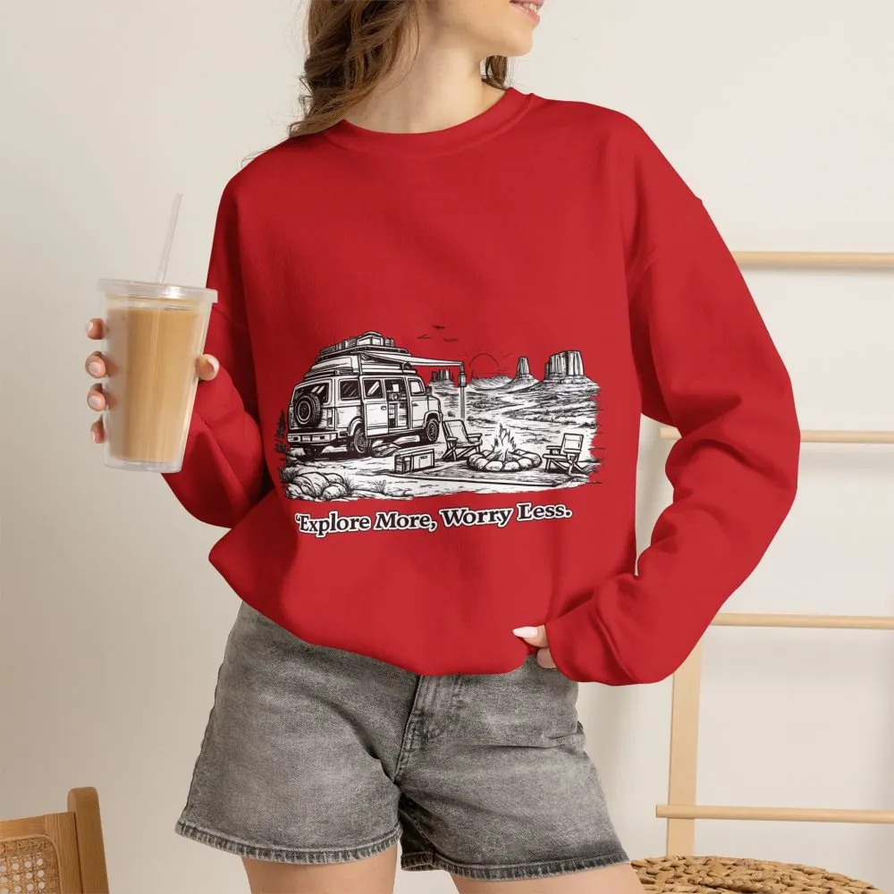 Unisex Heavy Blend™ Crewneck Sweatshirt — "Explore More Worry Less" Design Minimal-Line