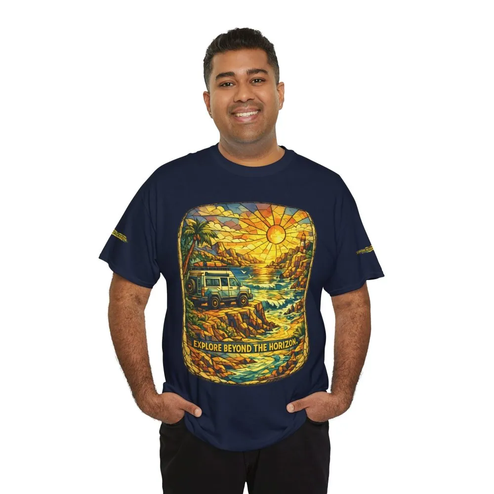 Unisex Heavy Cotton Tee — "Explore Beyond The Horizon" Design Cubic-Line