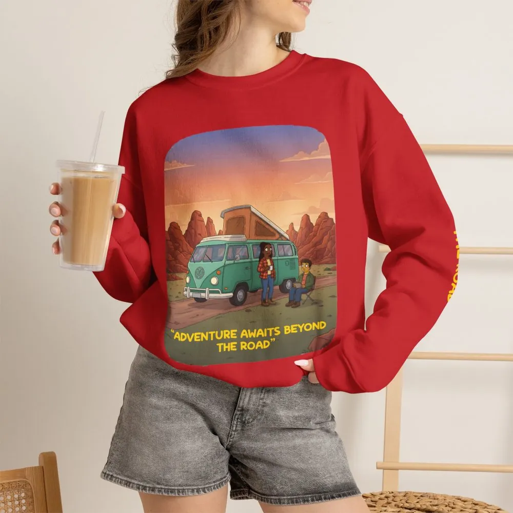 1158458990219688894_2048.jpeg Unisex Heavy Blend™ Crewneck Sweatshirt — "Adventure Awaits Beyond The Road" Design Sitcom-Line