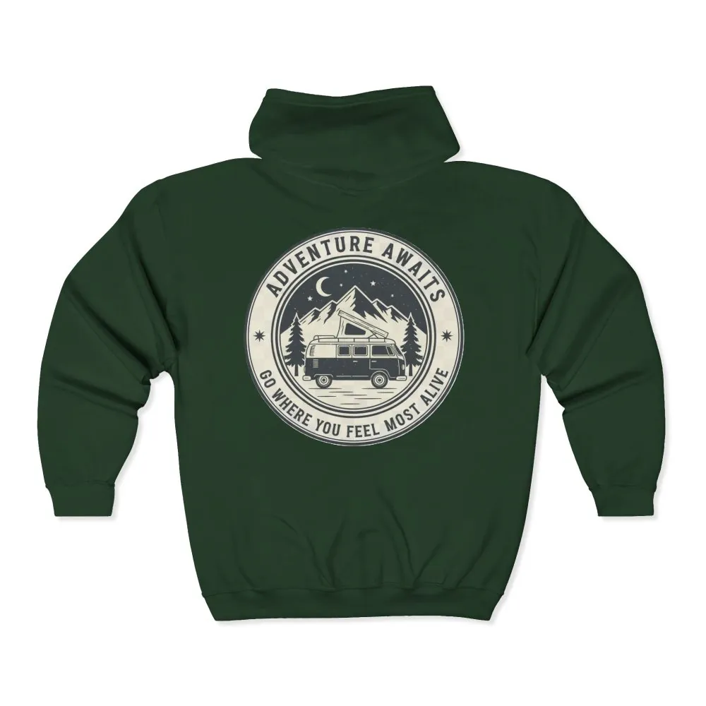 11589493801063121520_2048.jpeg Zip Hoodie — "Adventure Awaits-Go Where You Feel Most Alive" (Only Back Printed) Camper Van Adventure Zip-Up