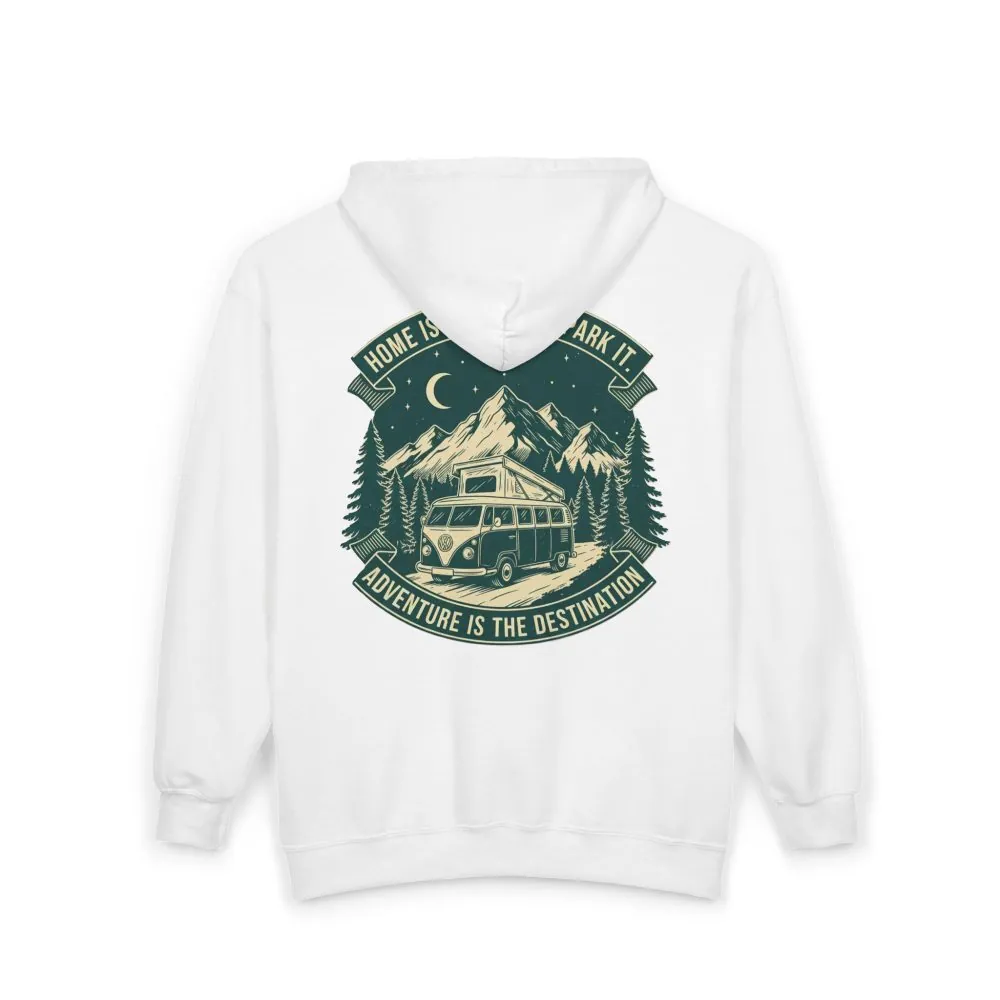 11592192112558464043_2048.jpeg Zip Hoodie — "Home Is Where You Park It-Adventure is the destination"(Front + Back Printed) Camper Van Adventure Zip-Up