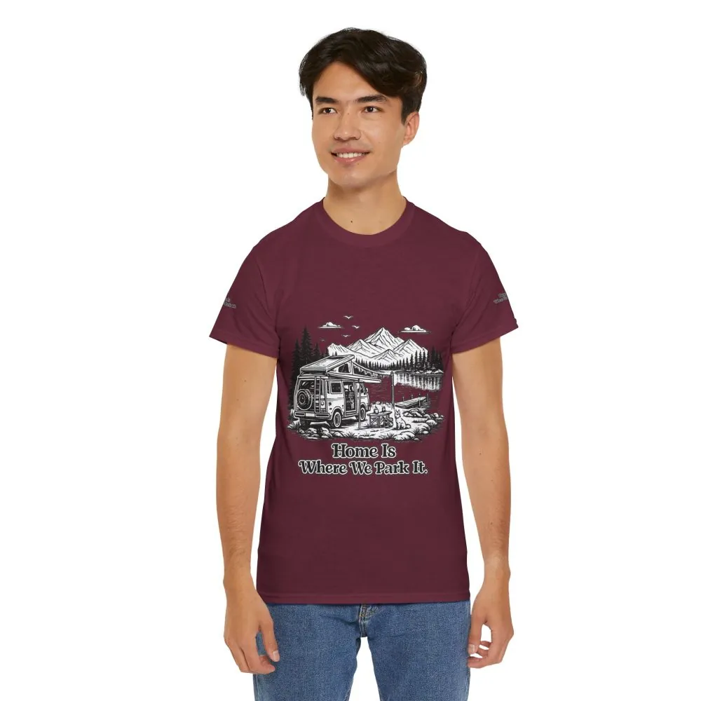 11594022224239414231_2048.jpeg Unisex Heavy Cotton Tee — "Home Is Where You Park It" Design Minimal-Line