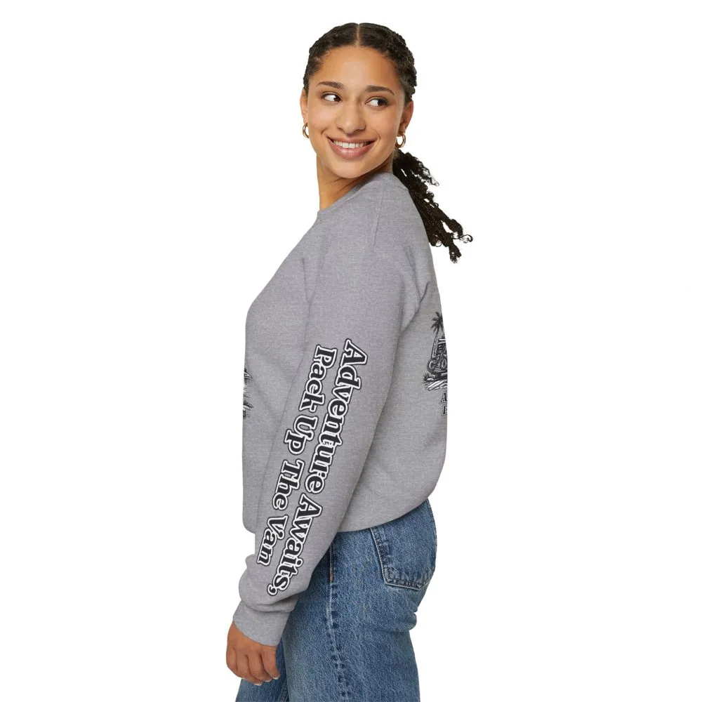 Unisex Heavy Blend™ Crewneck Sweatshirt — "Adventure Awaits,Pack Up The Van" Design Minimal-Line