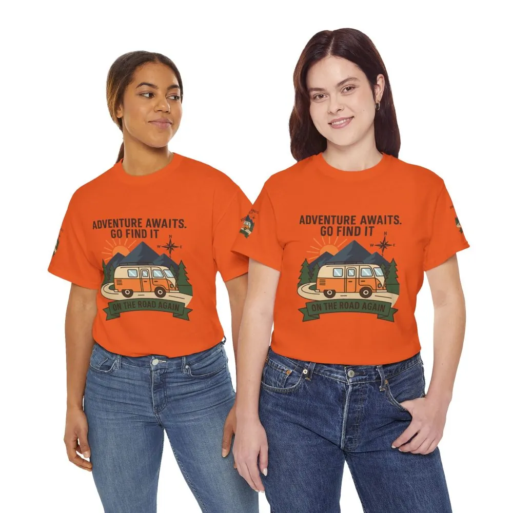 Unisex Heavy Cotton Tee — 'Adventure Awaits. Go Find It' Camper Van T‑Shirt