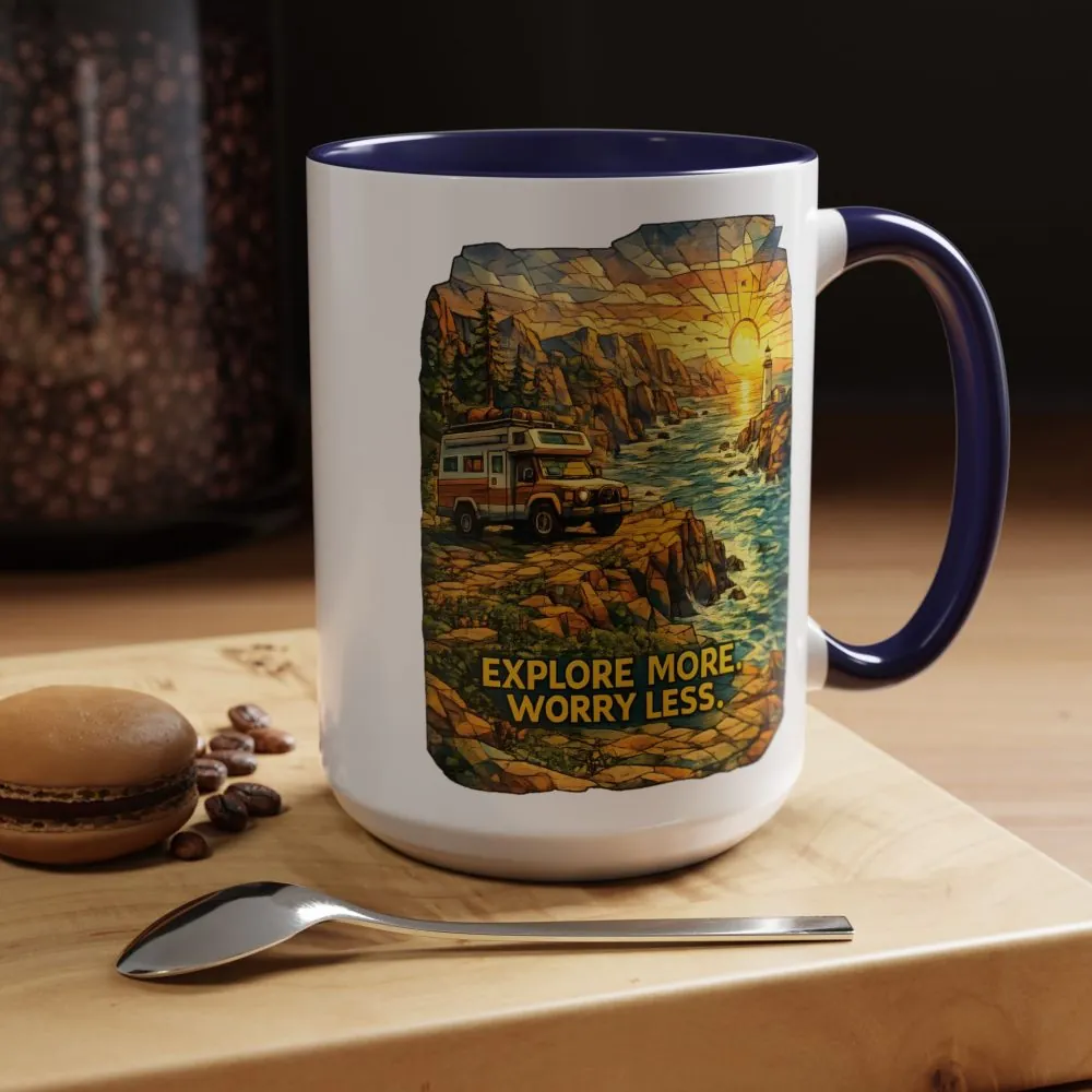 Accent Coffee Mug (11, 15oz) — "Explore More Worry Less" Design Cubic-Line