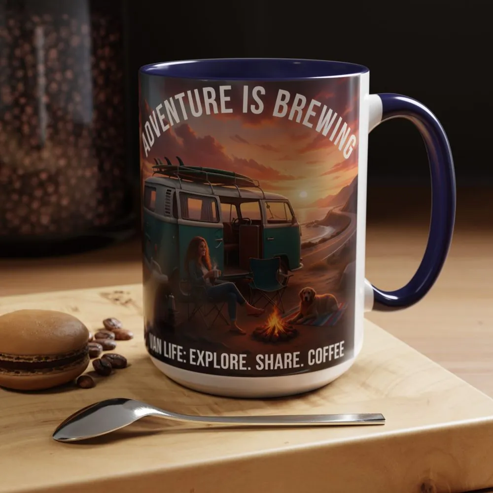 Accent Coffee Mug (11, 15oz) — "Adventure is brewing"
