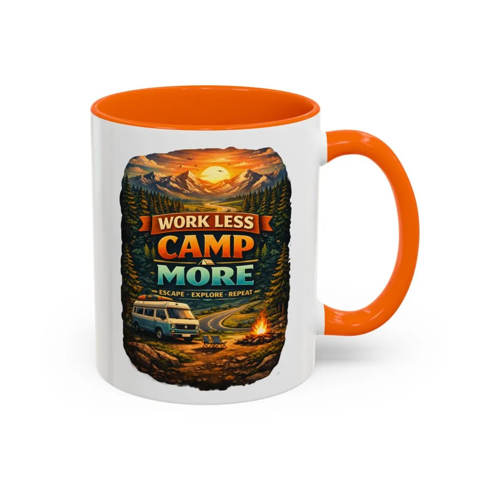 Accent Coffee Mug (11, 15oz) — "Work Less-Camp More" Design Scenic-Line