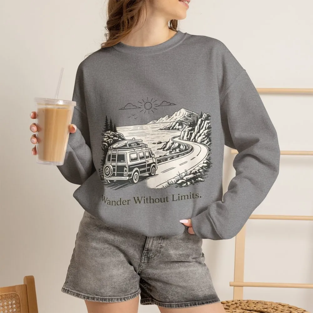 Unisex Heavy Blend™ Crewneck Sweatshirt — "Wander Without Limits" Design Minimal-Line
