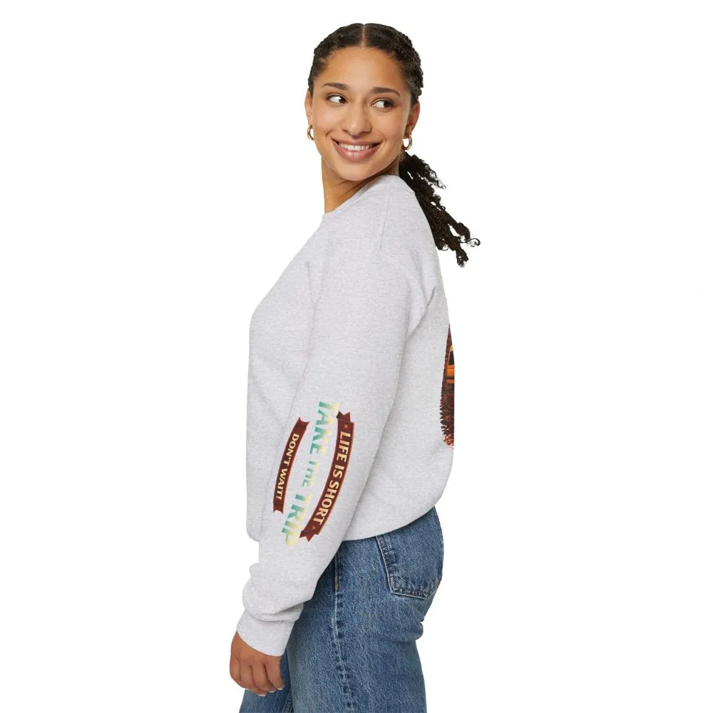 Unisex Heavy Blend™ Crewneck Sweatshirt — "Live Is Short Take The Trip" Design Scenic-Line