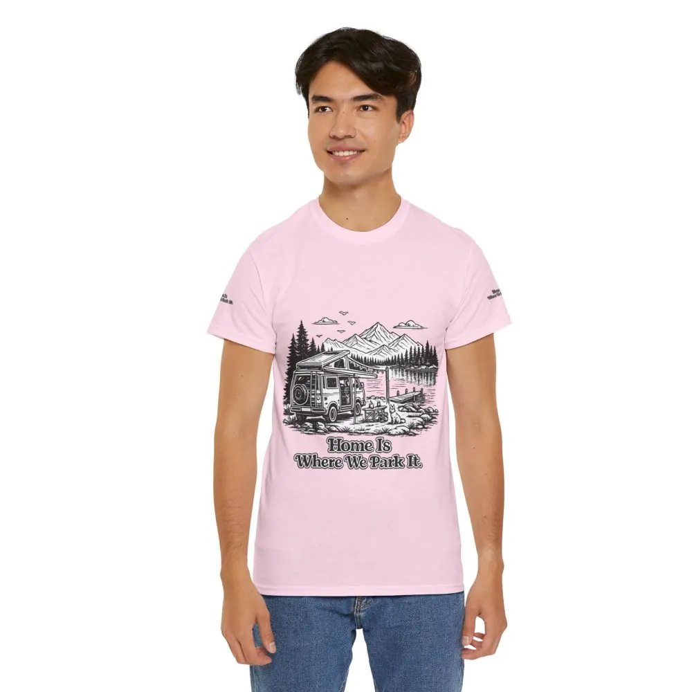 11648439113831768502_2048.jpeg Unisex Heavy Cotton Tee — "Home Is Where You Park It" Design Minimal-Line