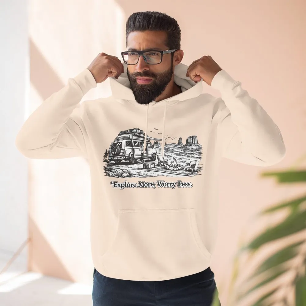 Three-Panel Fleece Hoodie - "Explore More Worry Less" Design Minimal-Line