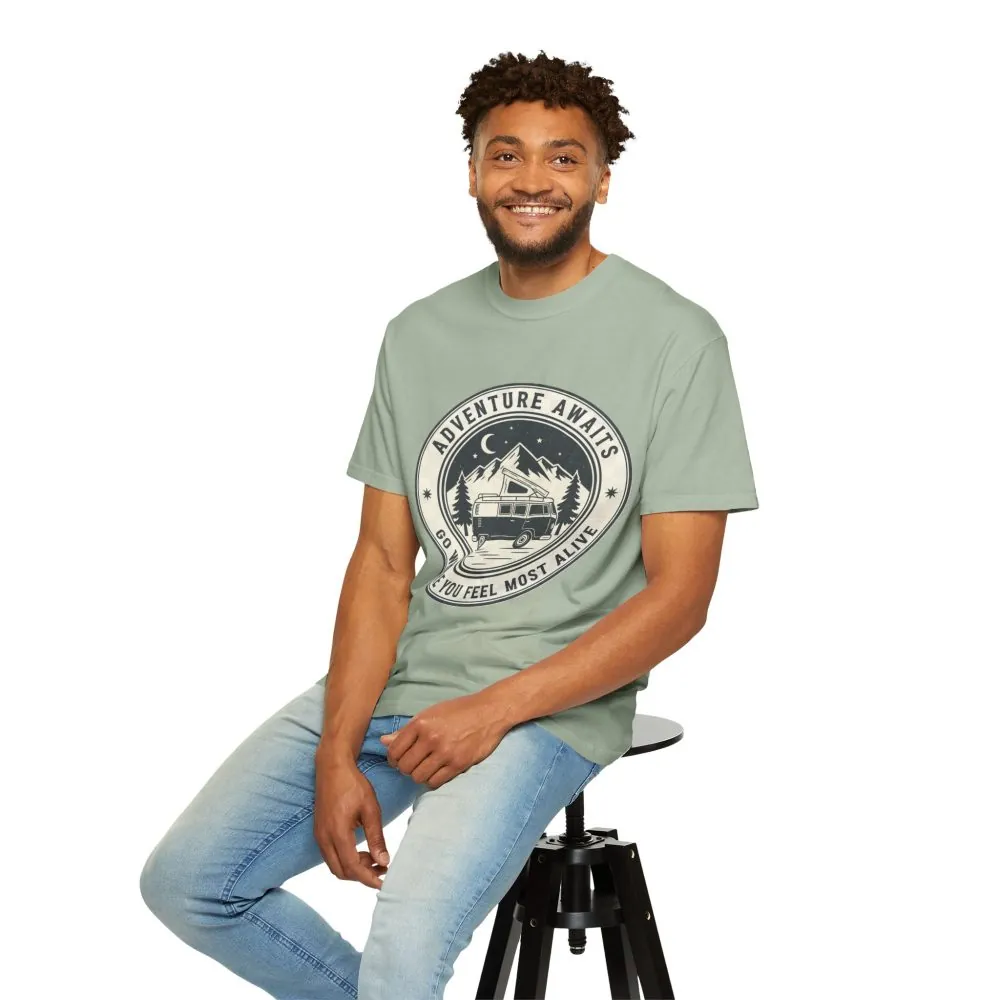 T-Shirt — "Adventure Awaits-Go Where You Feel Most Alive" (Only Front Printed) Outdoor Travel Tee