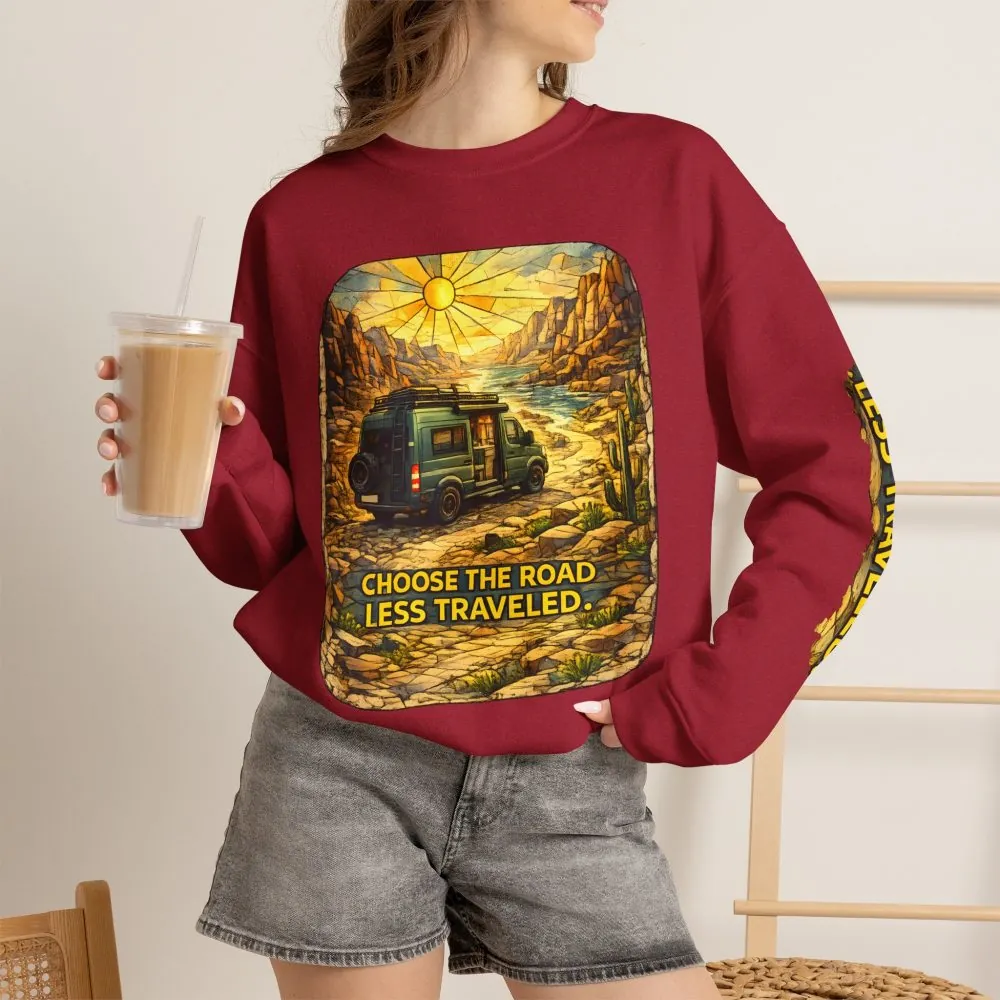 Unisex Heavy Blend™ Crewneck Sweatshirt — "Choose The Road Less Traveled" Design Cubic-Line