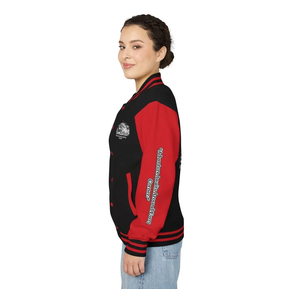 Unisex Heavyweight Letterman Jacket — "Adventure Awaits Around Every Corner" Travel Varsity Coat