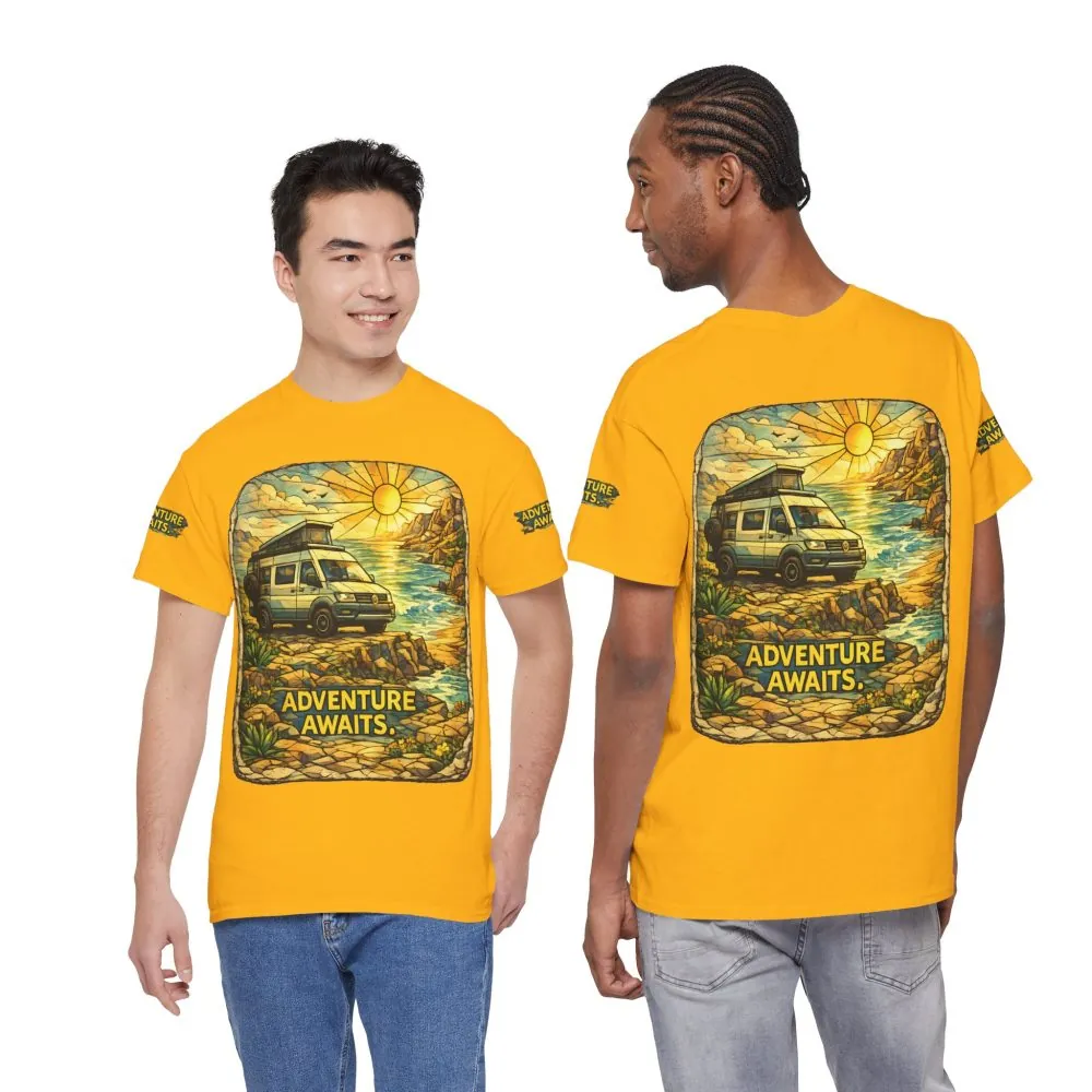 Unisex Heavy Cotton Tee — "Adventure Awaits" Design Cubic-Line