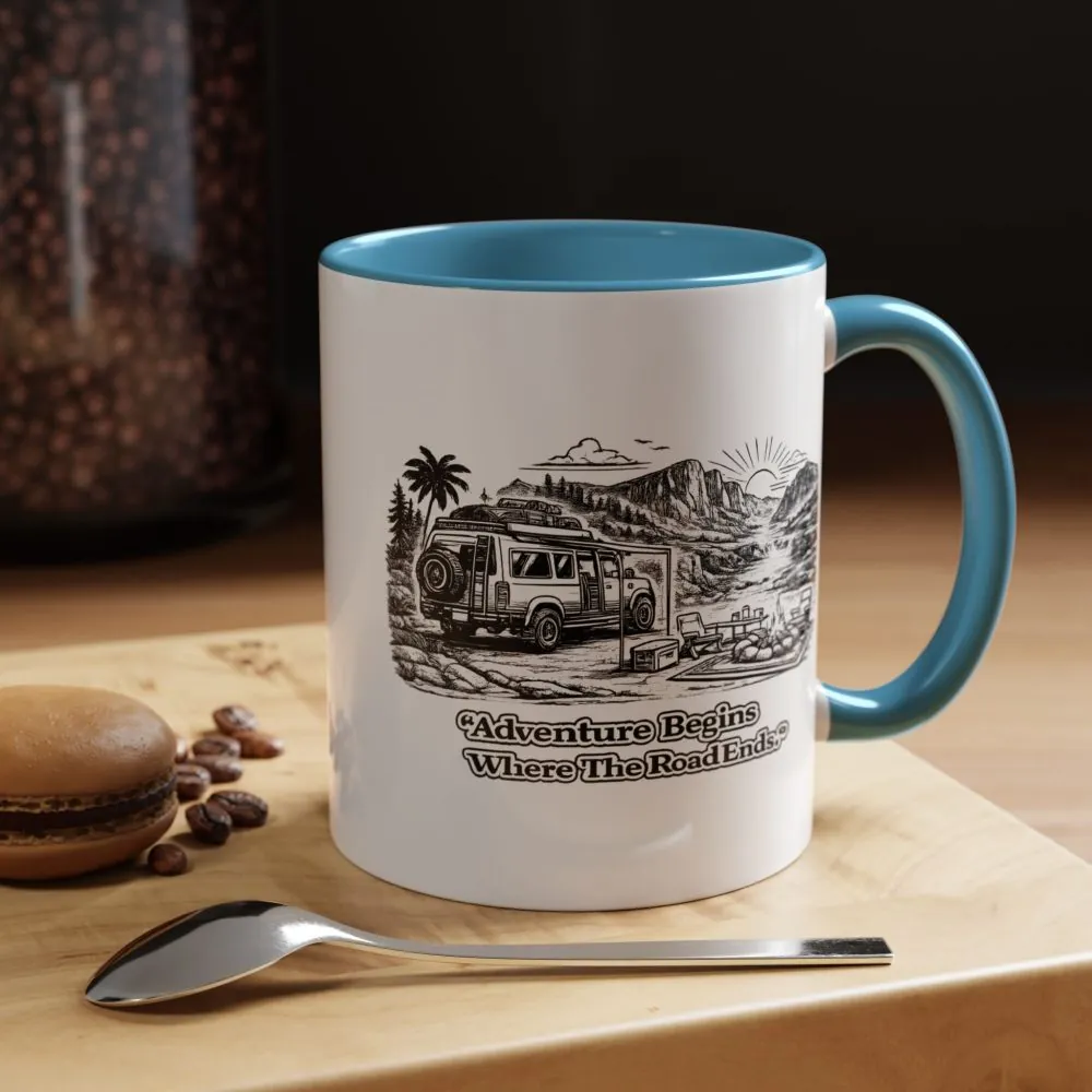 Accent Coffee Mug (11, 15oz) — "Adventure Begins Where The Road Ends" Design Minimal-Line