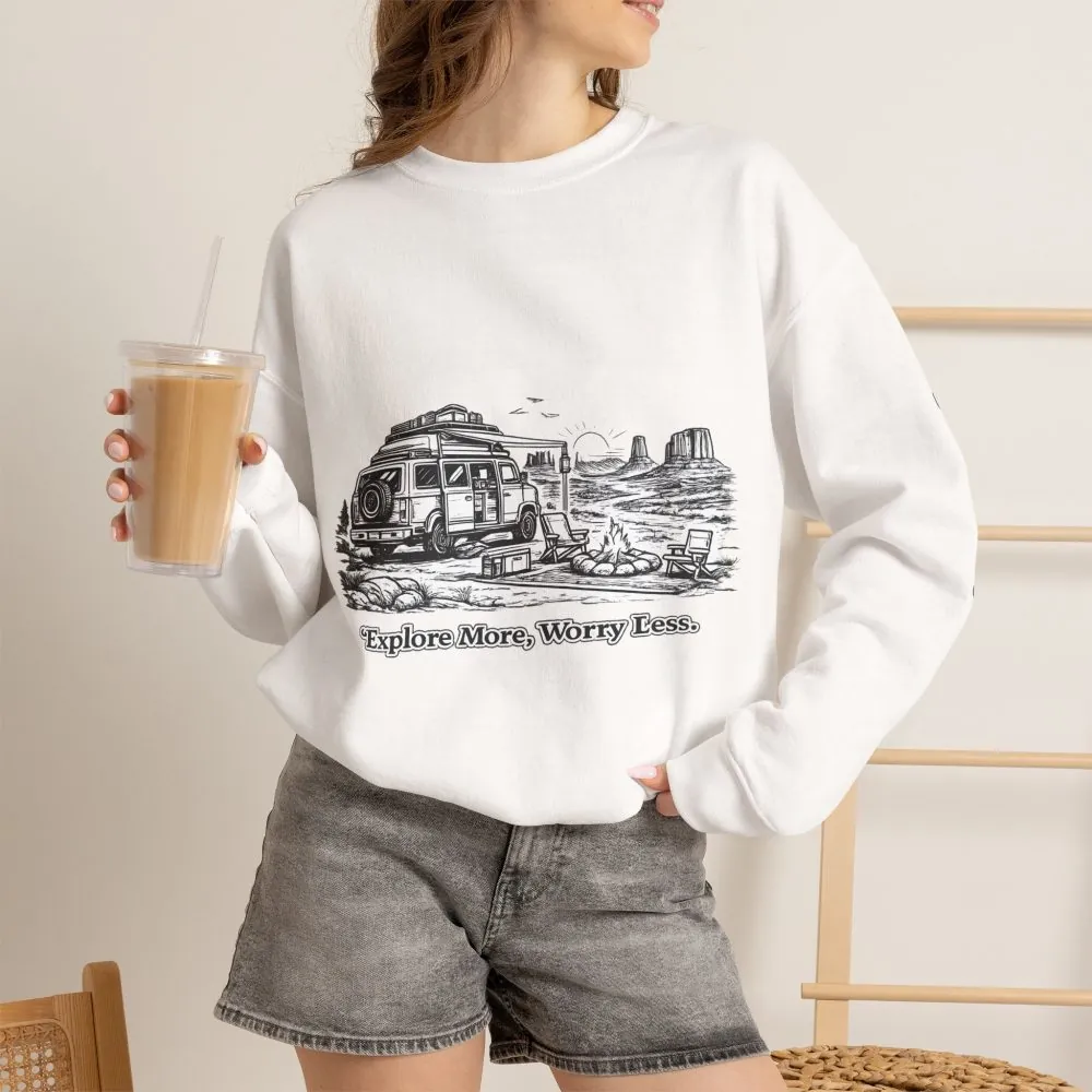 Unisex Heavy Blend™ Crewneck Sweatshirt — "Explore More Worry Less" Design Minimal-Line
