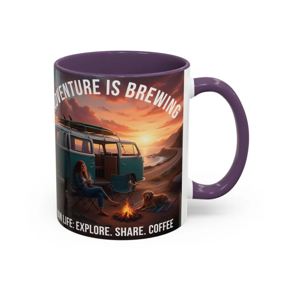 Accent Coffee Mug (11, 15oz) — "Adventure is brewing"