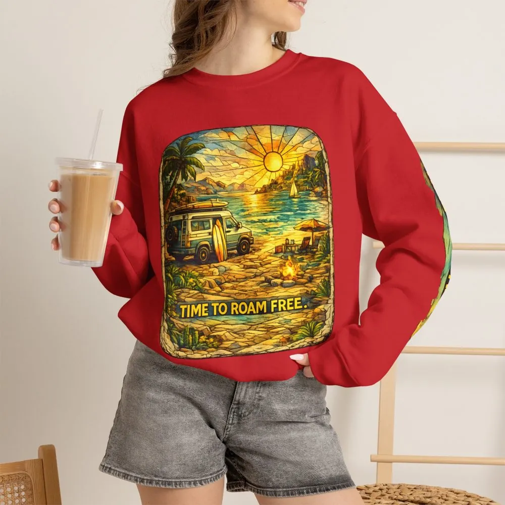 Unisex Heavy Blend™ Crewneck Sweatshirt — "Time To Roam Free" Design Cubic-Line