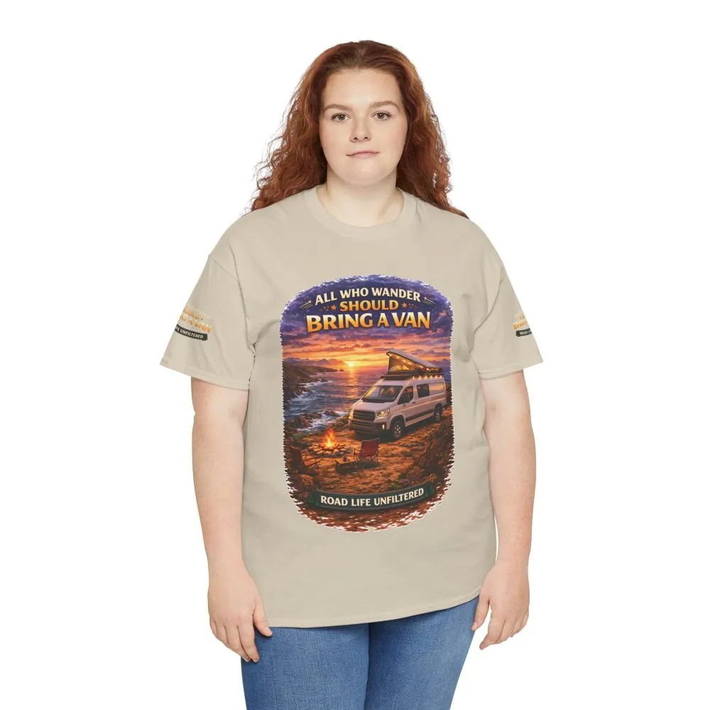 Unisex Heavy Cotton Tee — "All Who wander Should Bring A Van" Design Scenic-Line