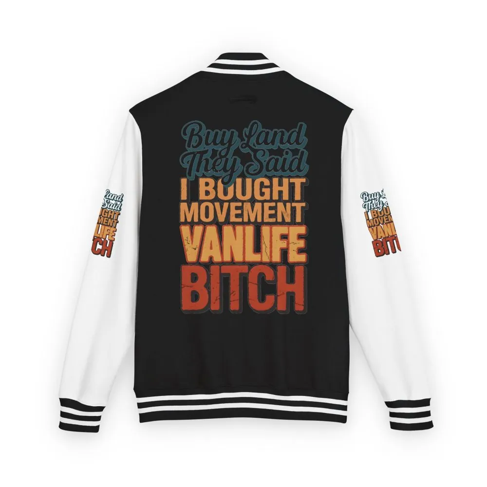 11721830768905875965_2048.jpeg Unisex Heavyweight Letterman Jacket — "Buy Land They Said" Design F**K-Line