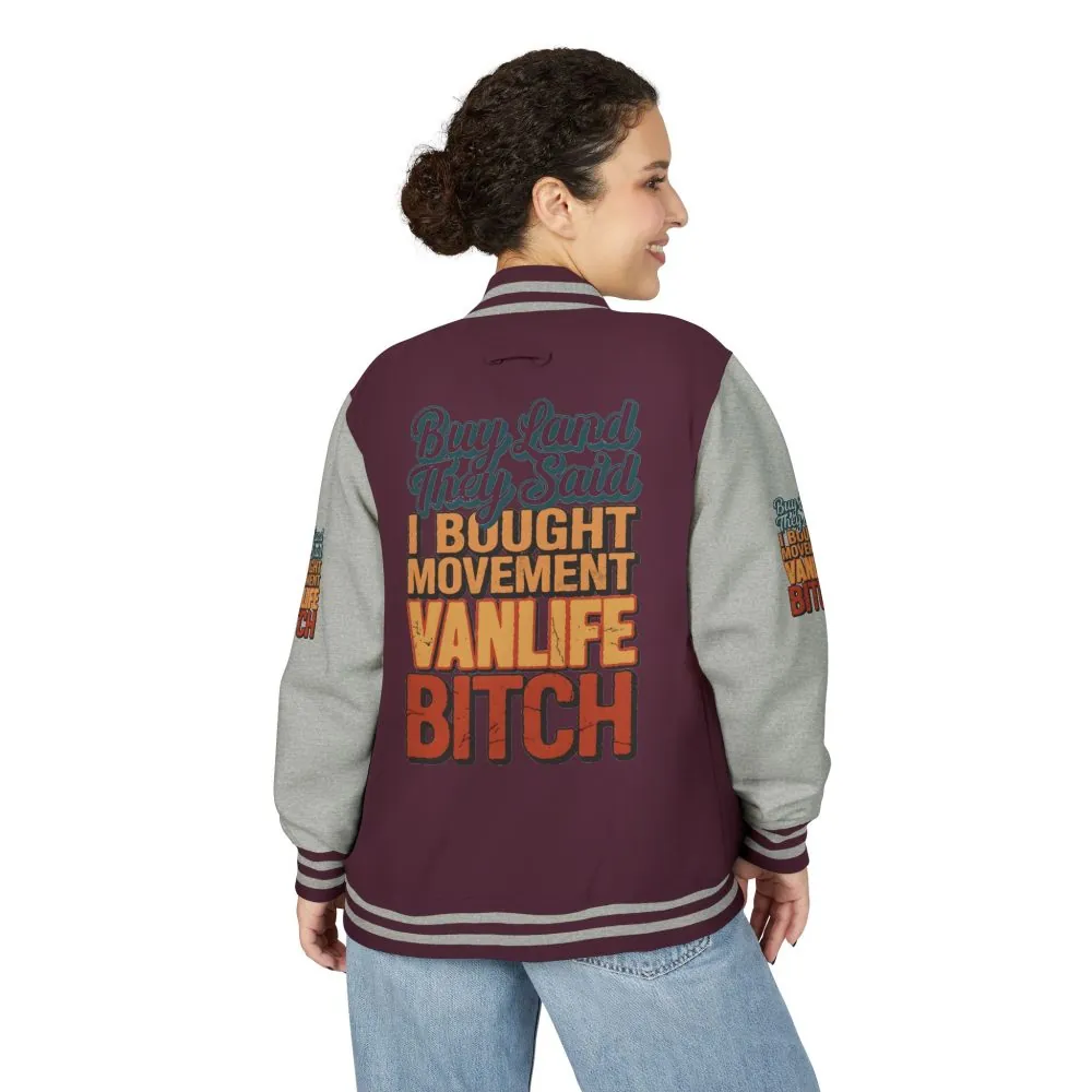11734234560909322145_2048.jpeg Unisex Heavyweight Letterman Jacket — "Buy Land They Said" Design F**K-Line