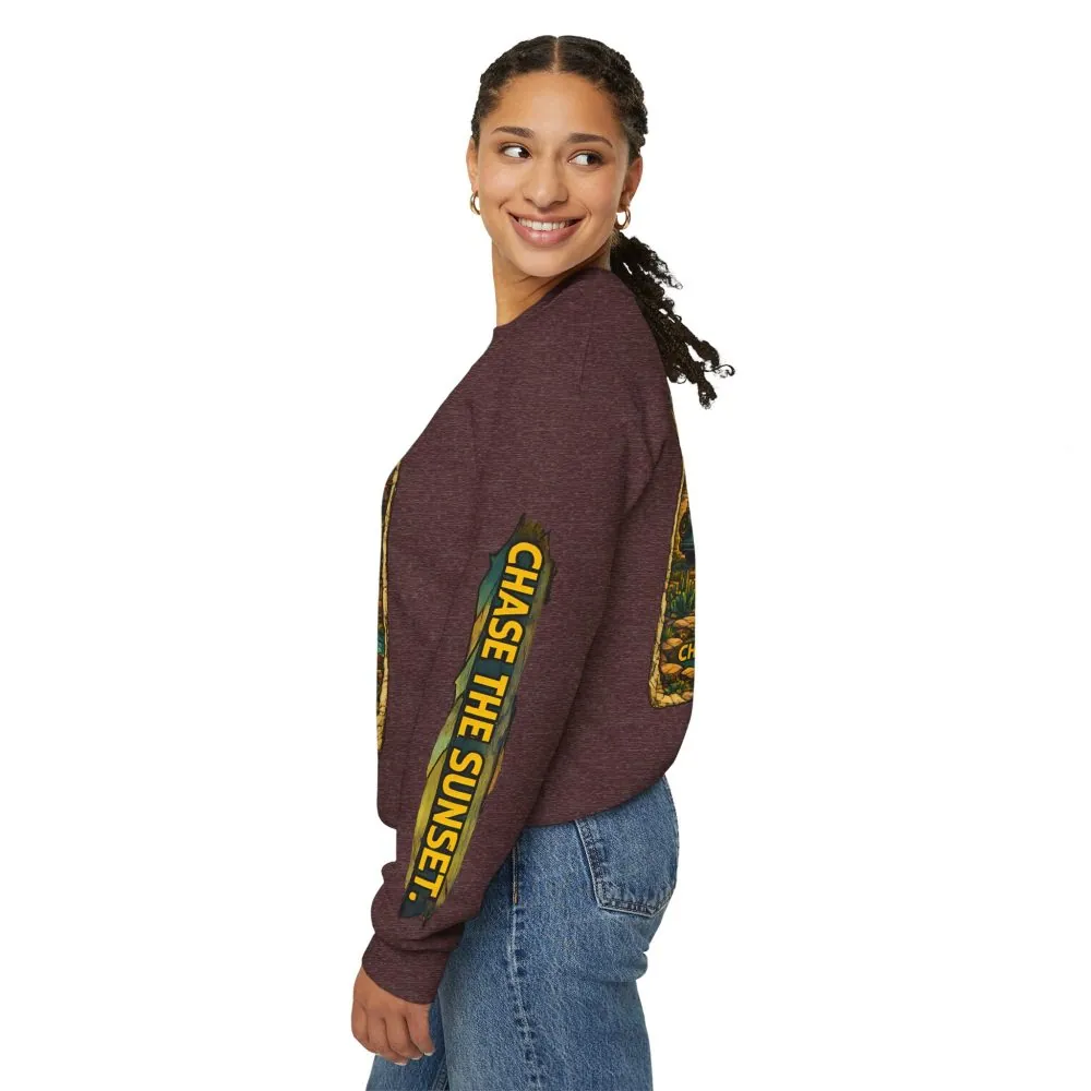 Unisex Heavy Blend™ Crewneck Sweatshirt — "Chase The Sunset" Design Cubic-Line
