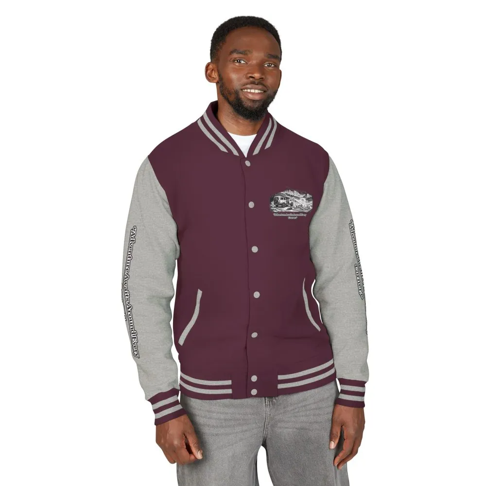 Unisex Heavyweight Letterman Jacket — "Adventure Awaits Around Every Corner" Travel Varsity Coat