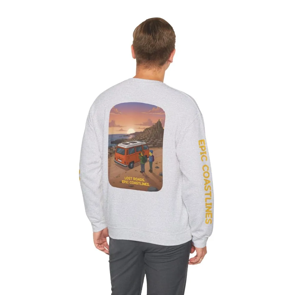 Unisex Heavy Blend™ Crewneck Sweatshirt — "Lost Roads Epic Coastlines" Design Sitcom-Line