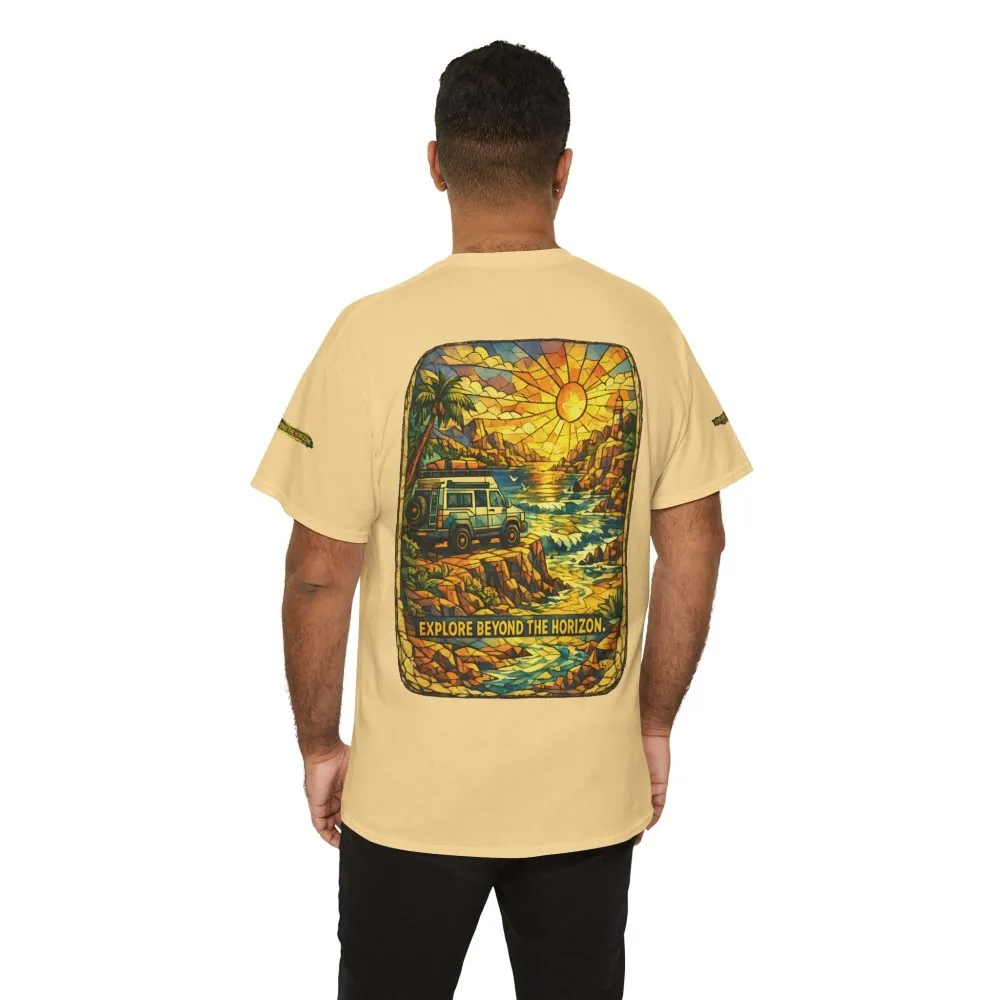 Unisex Heavy Cotton Tee — "Explore Beyond The Horizon" Design Cubic-Line