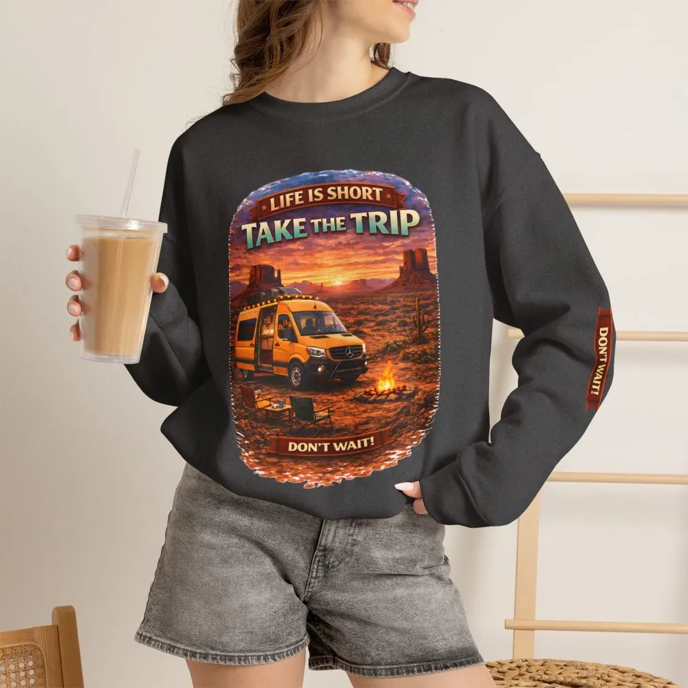 Unisex Heavy Blend™ Crewneck Sweatshirt — "Live Is Short Take The Trip" Design Scenic-Line