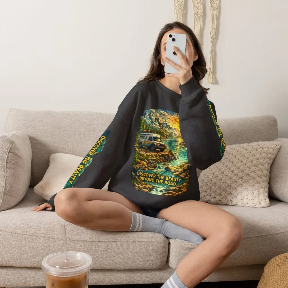 Unisex Heavy Blend™ Crewneck Sweatshirt — "Discover The Bieuty Beyond The Road" Design Cubic-Line