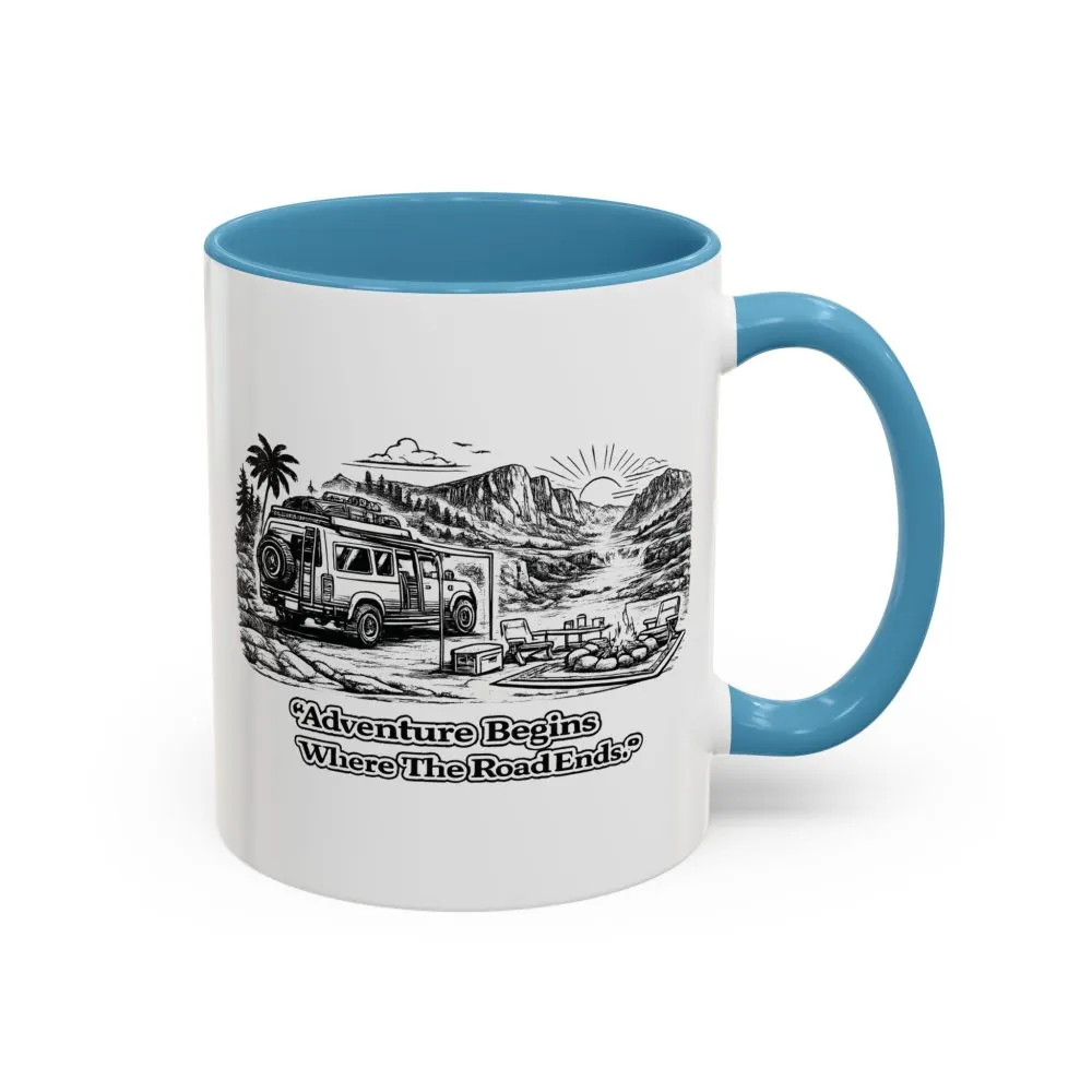 Accent Coffee Mug (11, 15oz) — "Adventure Begins Where The Road Ends" Design Minimal-Line