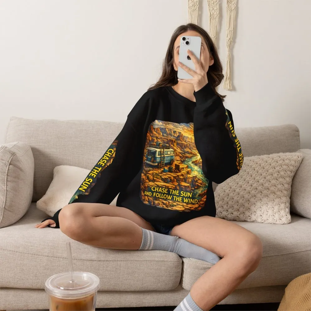 Unisex Heavy Blend™ Crewneck Sweatshirt — "Chase The Sun And Follow The Wind" Design Cubic-Line